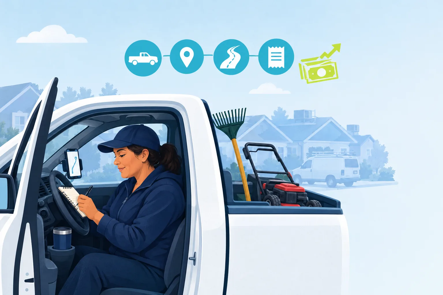 A landscaping owner sits in her pickup with the door open, logging miles in a notebook, under icons for a truck, a map pin, a road and a receipt.