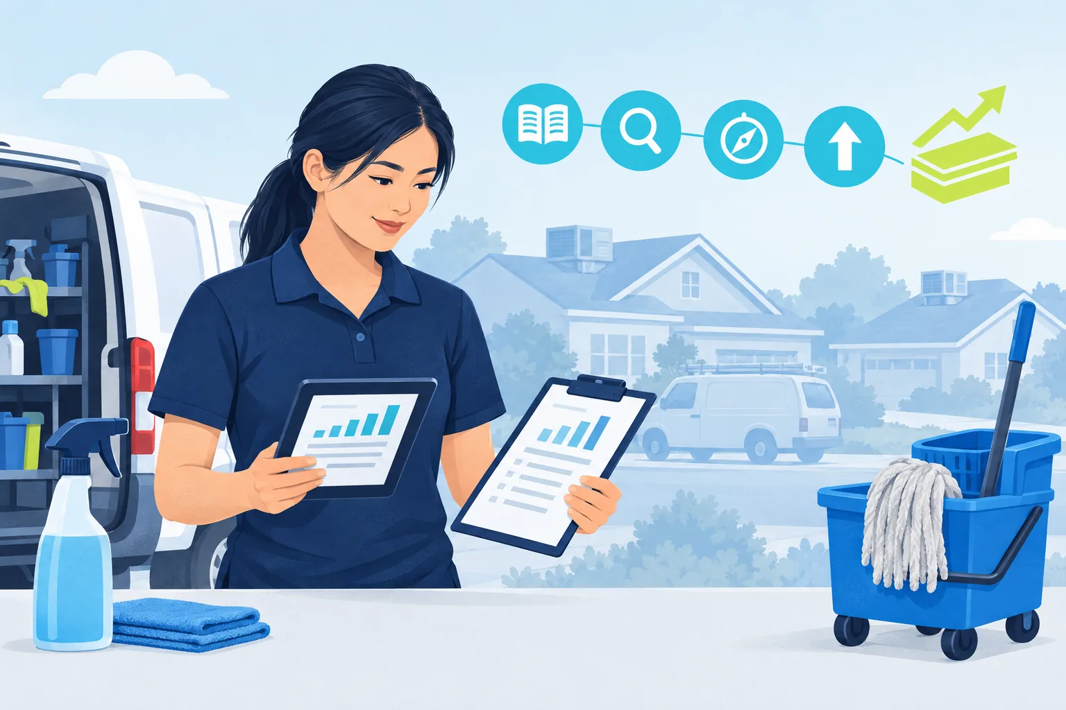A cleaning company owner in a navy polo compares a chart on her tablet with one on a clipboard beside her open van, with a spray bottle, a mop bucket and icons for a ledger, search, compass and growth.