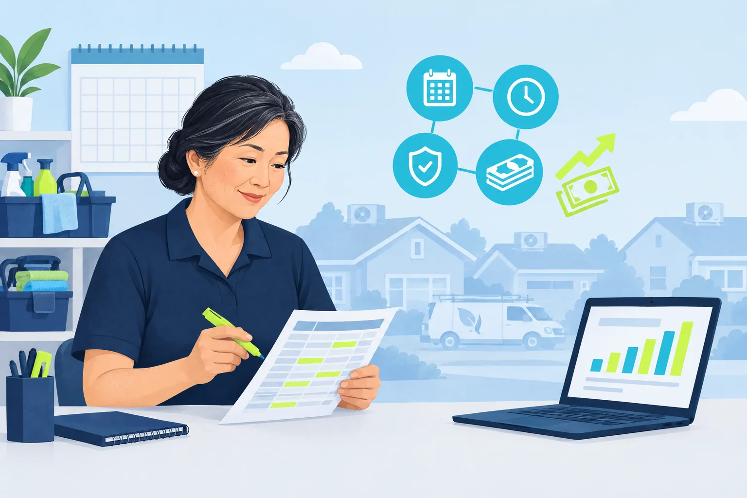 A cleaning company owner highlights a printed sheet of crew hours in her small shop office, next to a laptop with a bar chart, with icons for a calendar, a clock, a shield and cash.