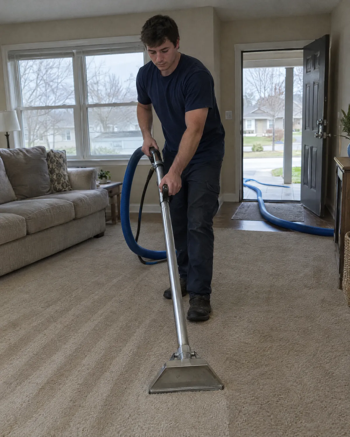 Carpet cleaner with a wand in a living room