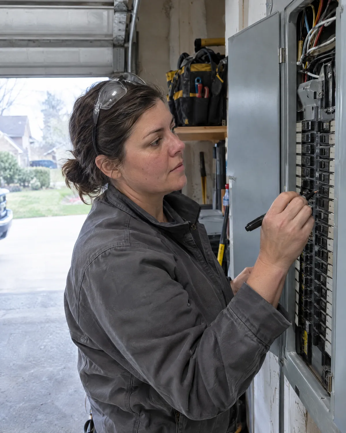 Electrician labeling a breaker panel in a garage