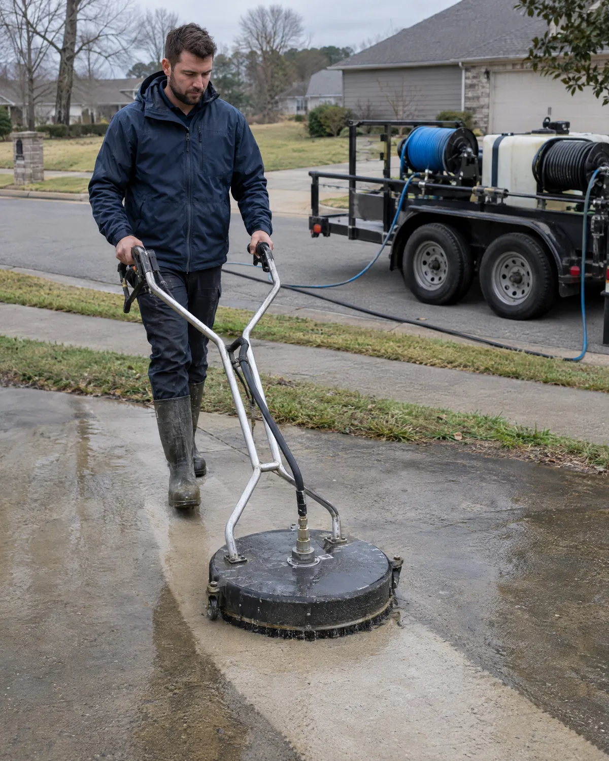 Man pressure-washing a driveway with a trailer rig behind