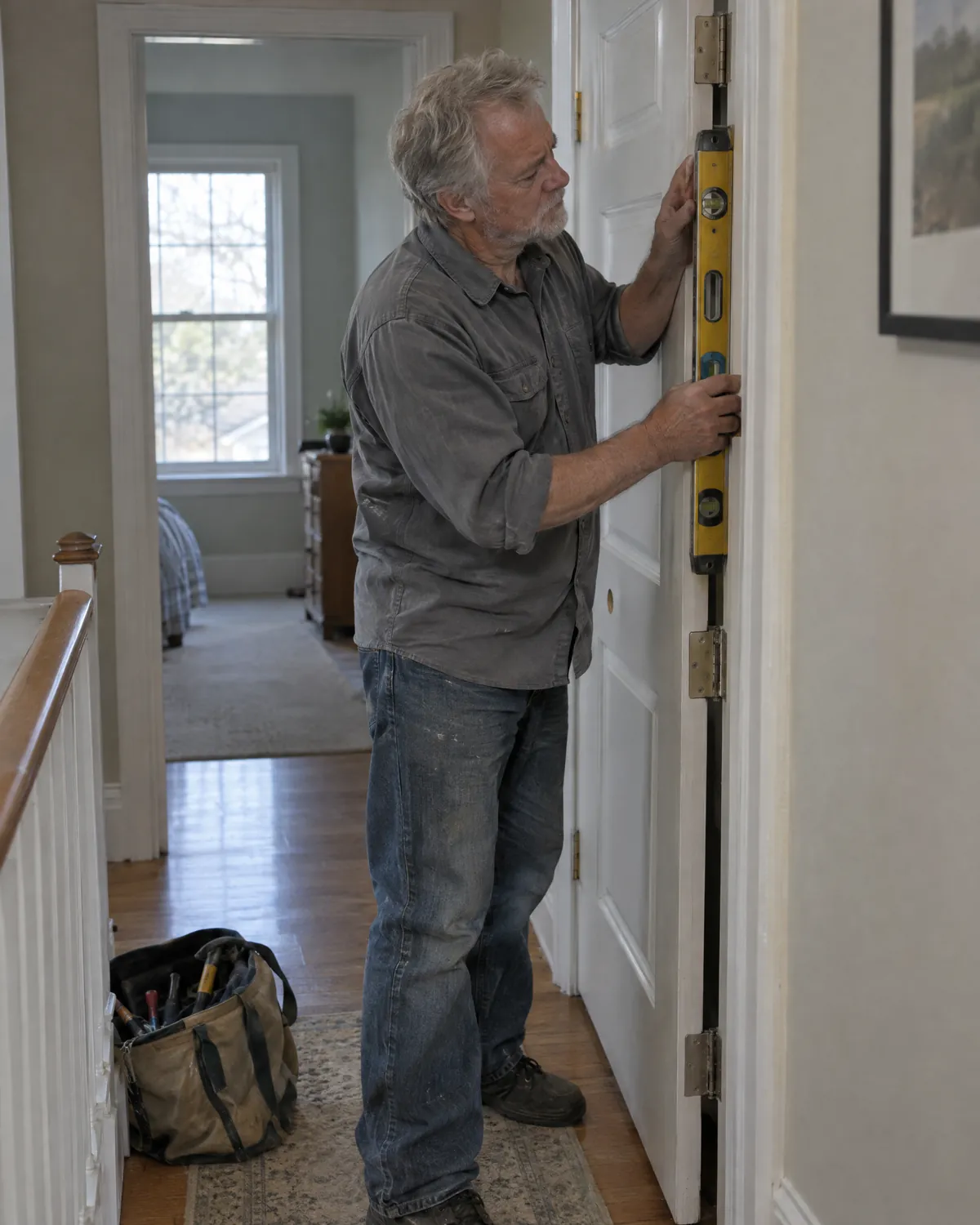 Handyman leveling a door frame