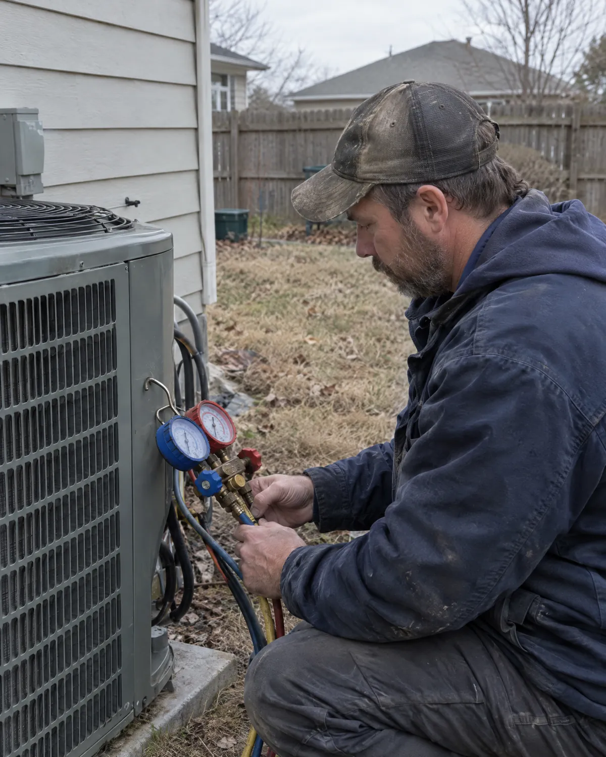 HVAC technician with gauges at an outdoor AC unit