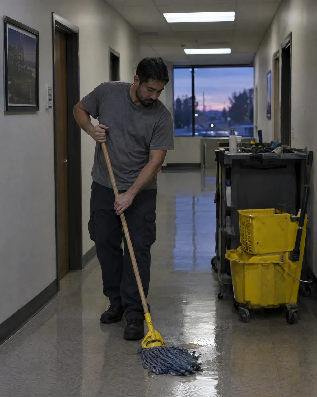Janitor mopping an office hallway