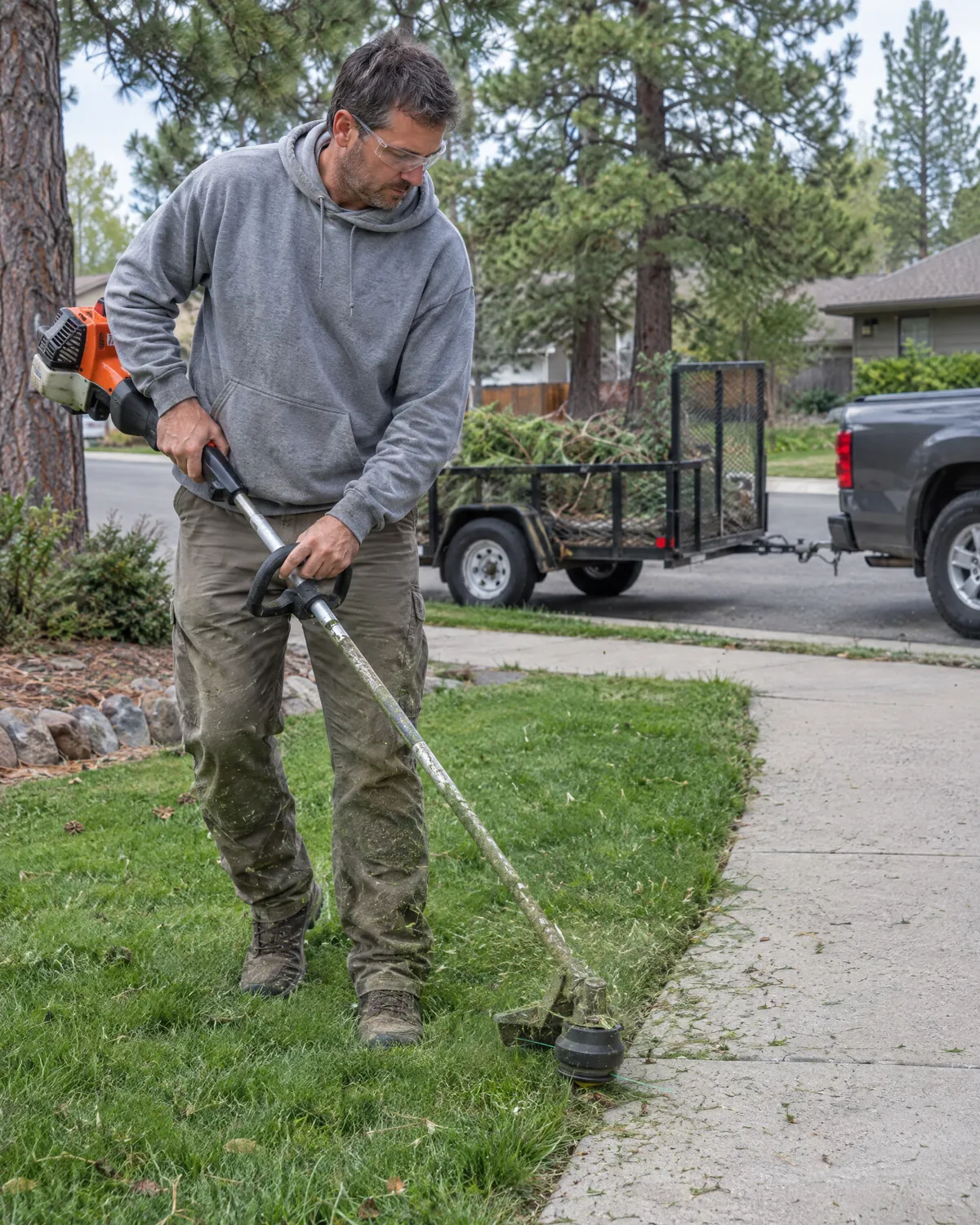 Landscaper with a string trimmer, trailer behind