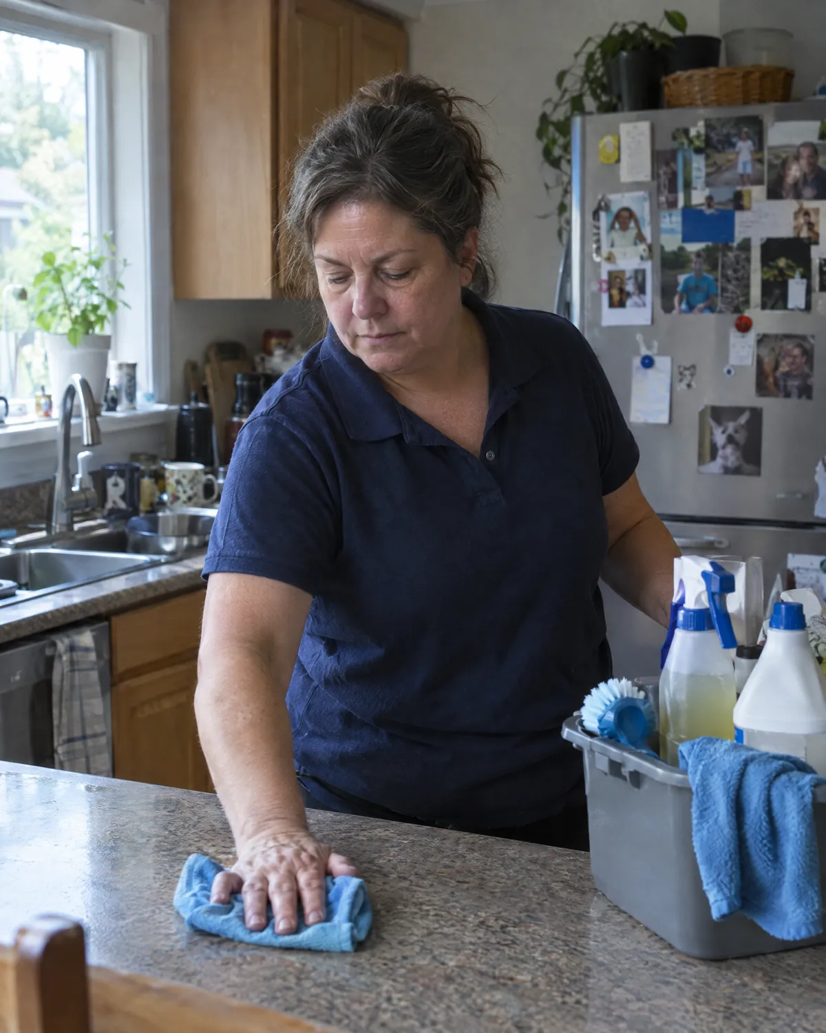 Cleaner wiping a kitchen counter