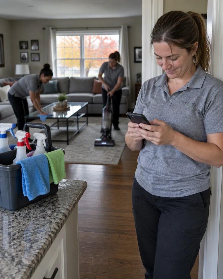 A cleaning company owner smiling at her phone in a client's kitchen while her crew cleans the living room