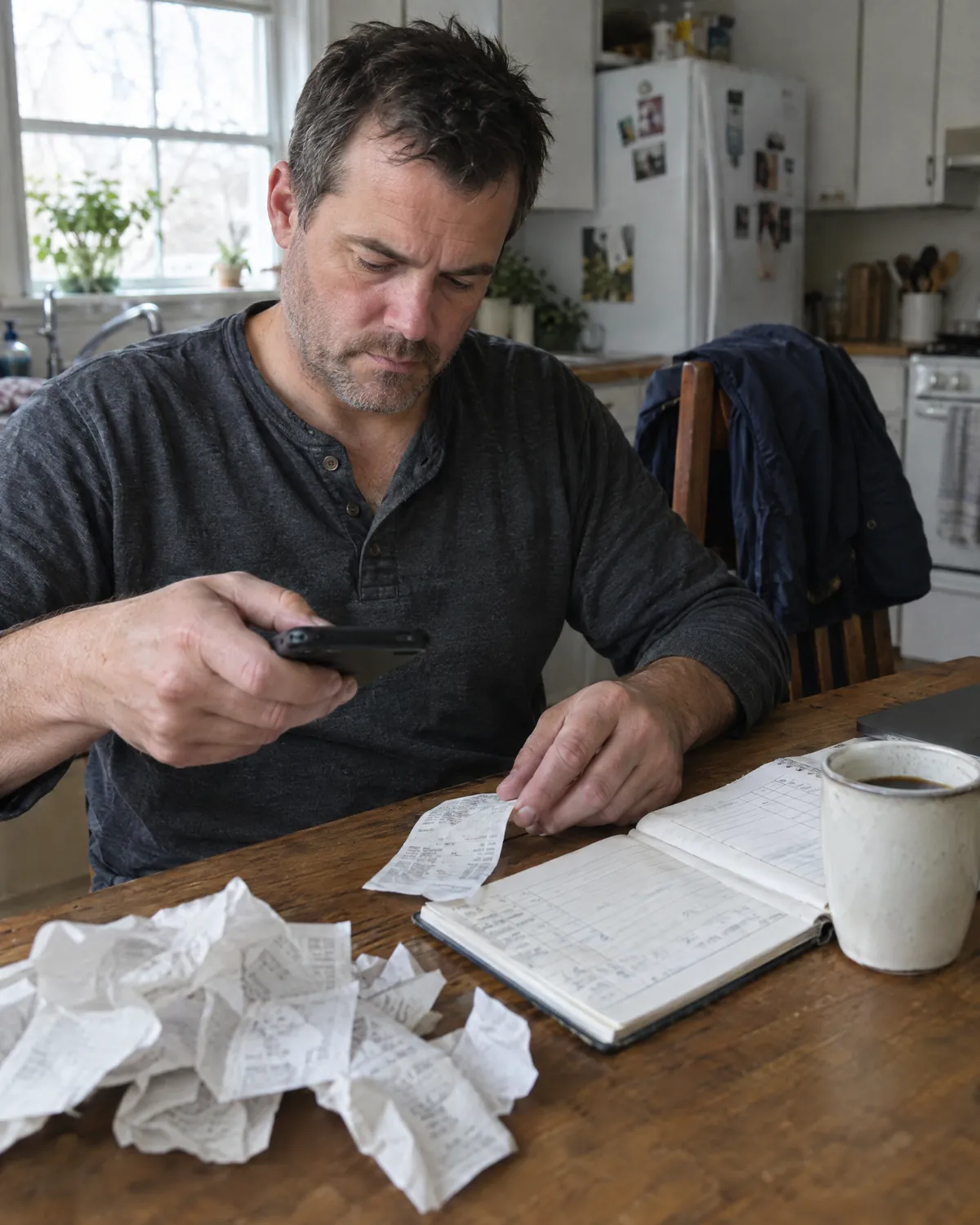 An owner at his kitchen table photographing a receipt next to a pile of crumpled receipts and a notebook