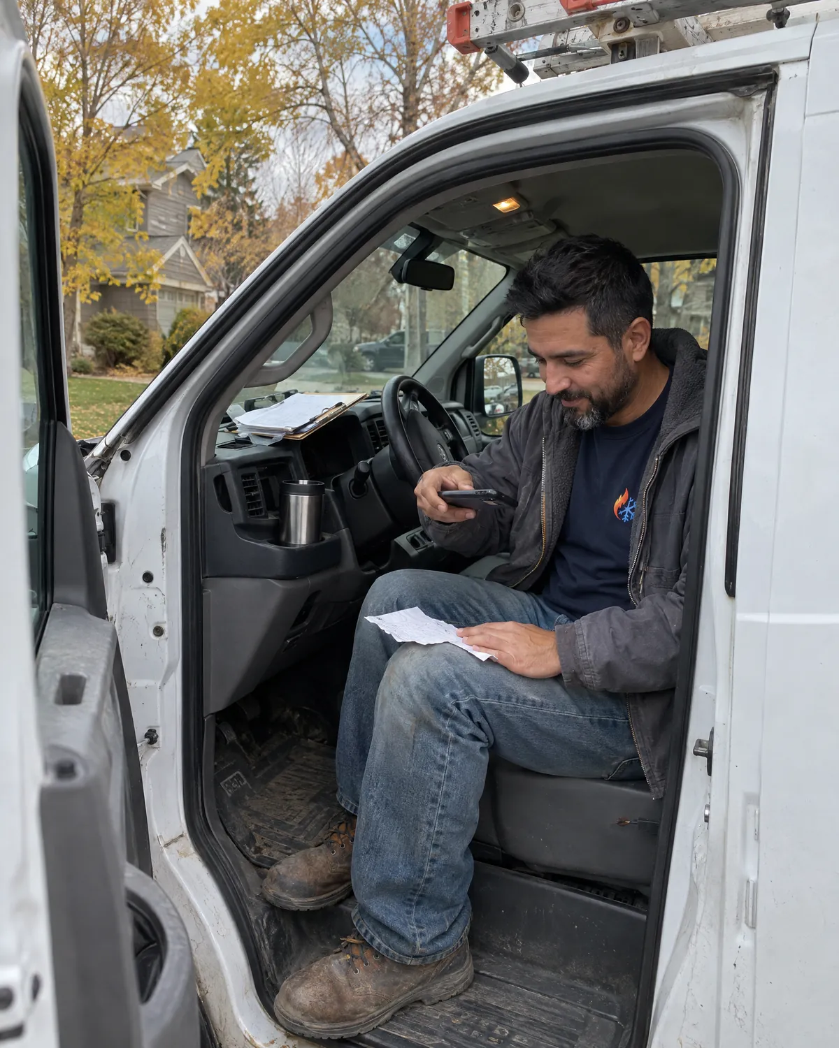 A home service business owner sitting sideways in the driver's seat of his work van, smiling as he photographs a receipt on his knee with his phone