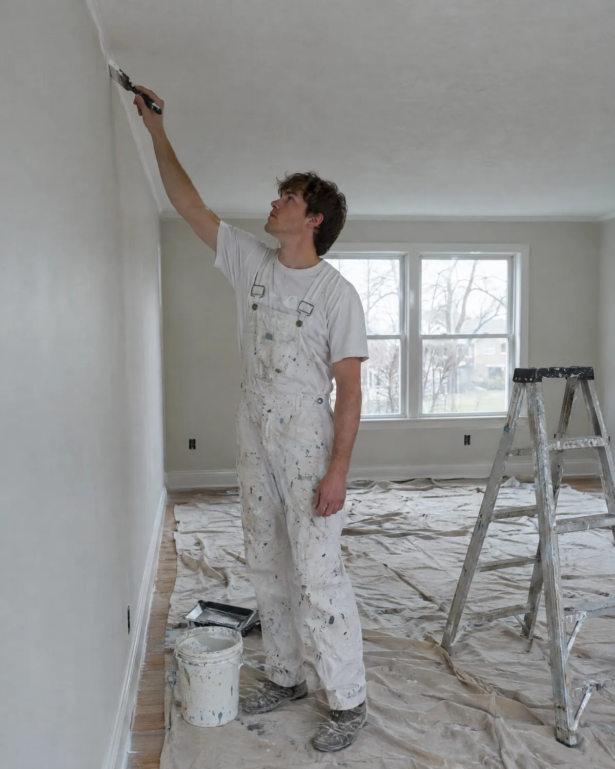 Painter in whites cutting in a wall