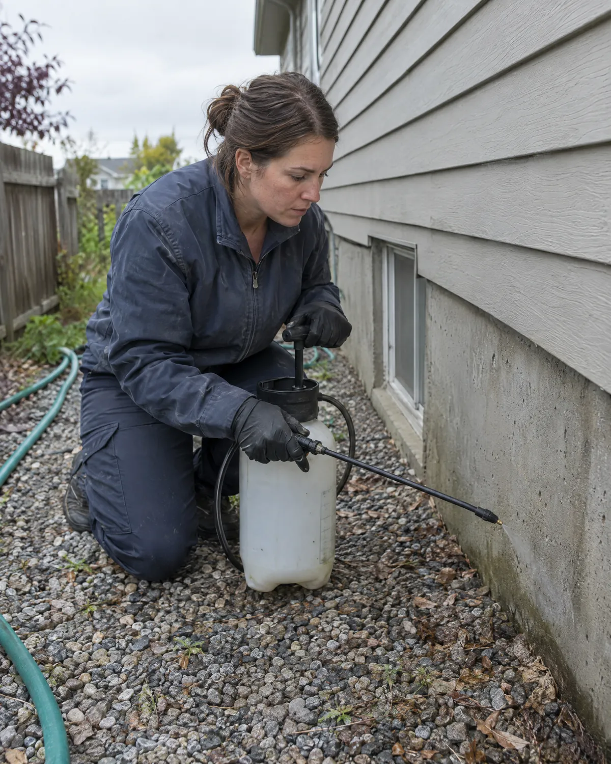Pest control technician spraying along a house foundation