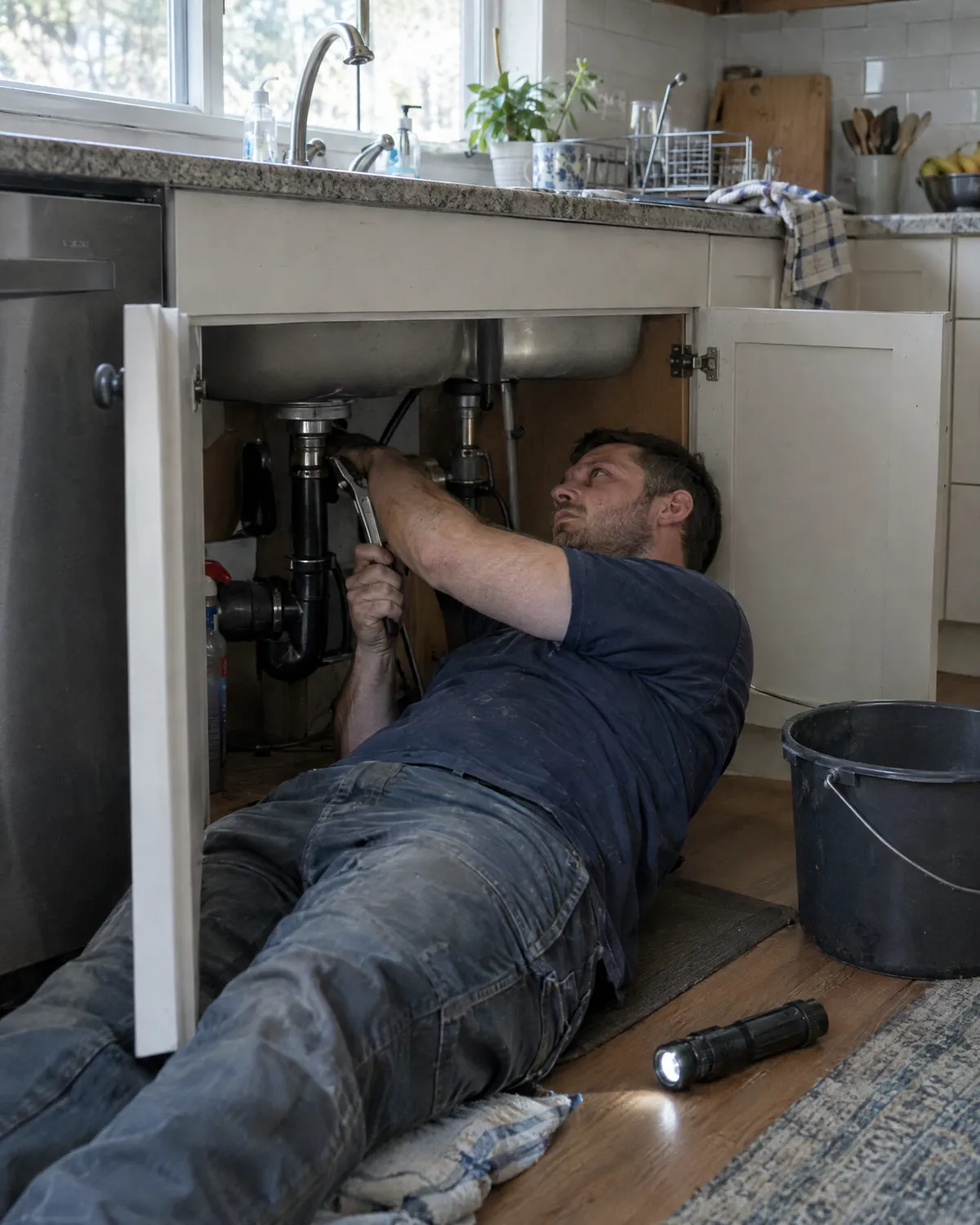 Plumber on his back working under a kitchen sink
