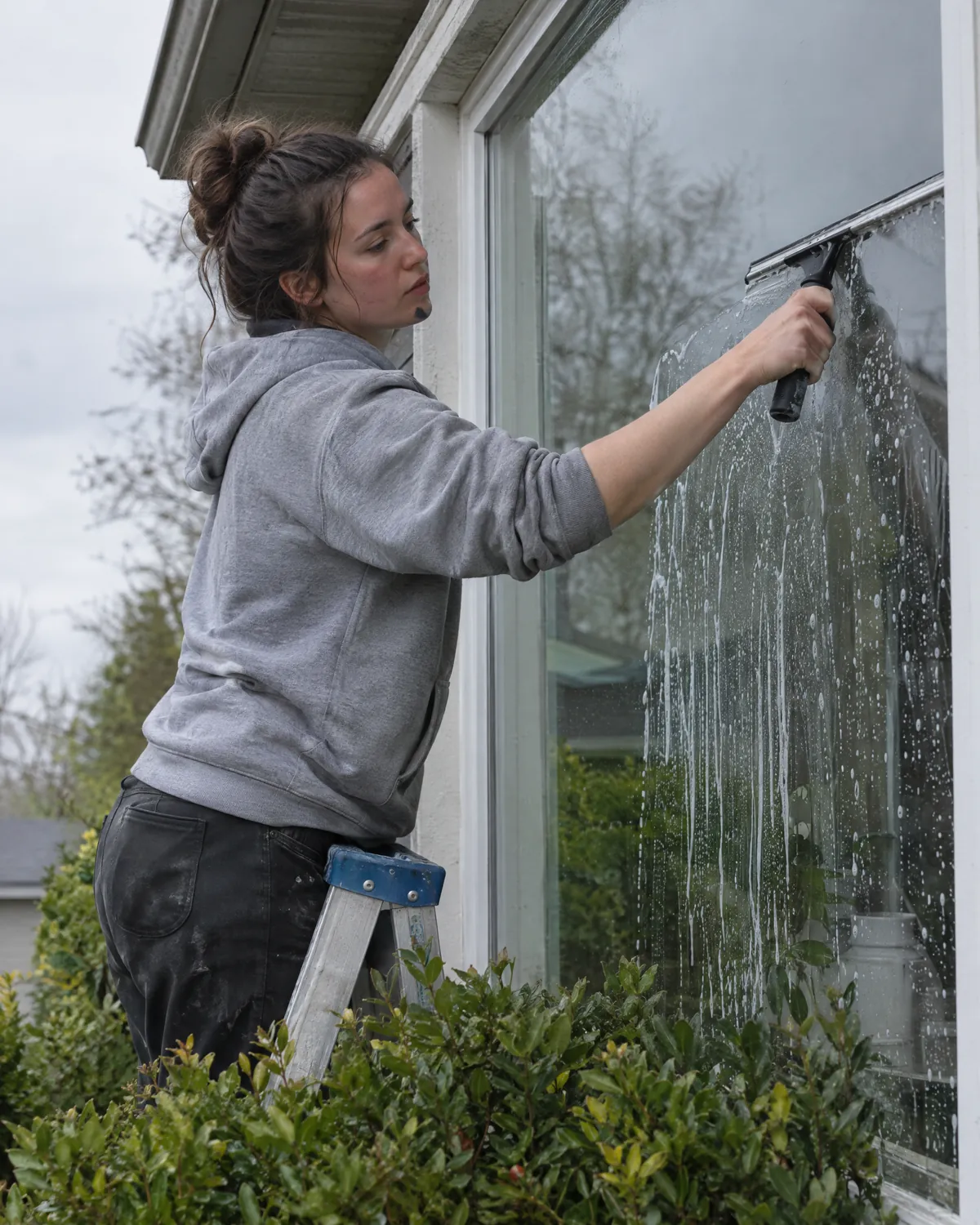 Window cleaner squeegeeing a window from a step ladder